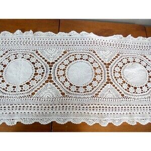 Vintage Hand Crochet Lace Table Runner Ivory Rose Doily Dresser Scarf  14" x 68"